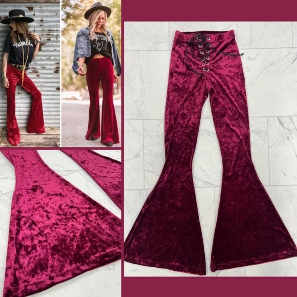 Widow Burgundy Velvet Lace Up Bell Bottoms NWOT XS